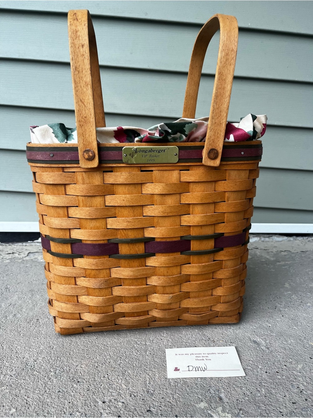 Like new Longaberger Tan Woven Tote with Burgundy and Green Trim